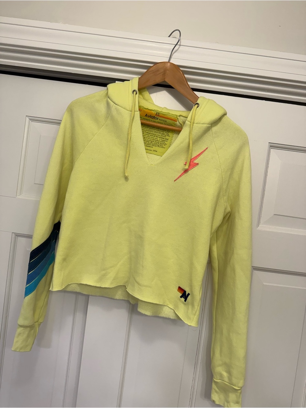Aviator Nation Neon Yellow Green Crop Hoodie Pink bolt and blue stripe